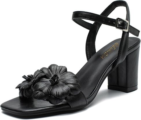 Women's Flower Block Heel Sandals, Square Open Toe Wedding Guest Shoes in Saudi Arabia
