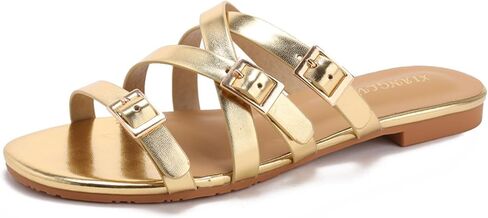 Women's Round Open Toe Strappy Flat Sandals Fashion Buckle Straps Comfortable Slip On Beach Sandals Summer Slides for Vacation Daily Wear in Saudi Arabia