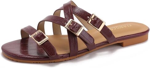 Women's Round Open Toe Strappy Flat Sandals Fashion Buckle Straps Comfortable Slip On Beach Sandals Summer Slides for Vacation Daily Wear in Saudi Arabia