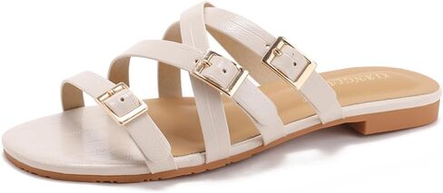 Women's Round Open Toe Strappy Flat Sandals Fashion Buckle Straps Comfortable Slip On Beach Sandals Summer Slides for Vacation Daily Wear in Saudi Arabia