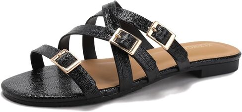 Women's Round Open Toe Strappy Flat Sandals Fashion Buckle Straps Comfortable Slip On Beach Sandals Summer Slides for Vacation Daily Wear in Saudi Arabia