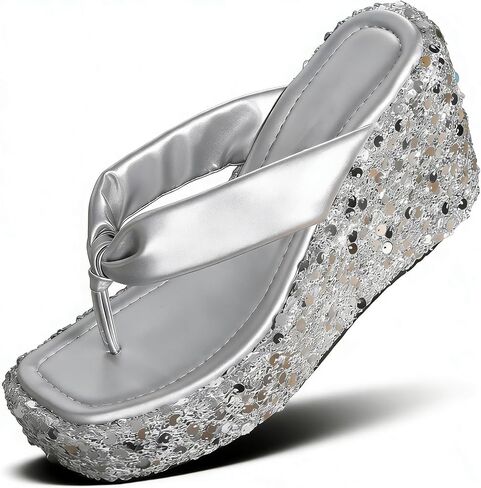 Women's Glitter Chunky Platform Flip Flops Fashion Square Open Toe Wedges Heel Thong Slides for Beach Vacation Summer Holiday Outdoors in Saudi Arabia