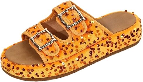 Women's Plus Size Sequined Platform Slide Sandals, Double Buckle Strap Sparkly Glitter Slippers, Comfort Cushion Shoes for Summer Outdoor in Kuwait