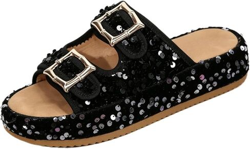 Women's Plus Size Sequined Platform Slide Sandals, Double Buckle Strap Sparkly Glitter Slippers, Comfort Cushion Shoes for Summer Outdoor in Kuwait