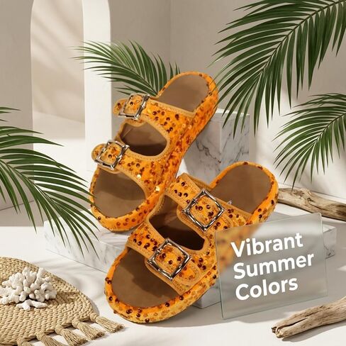 Women's Plus Size Sequined Platform Slide Sandals, Double Buckle Strap Sparkly Glitter Slippers, Comfort Cushion Shoes for Summer Outdoor in Kuwait