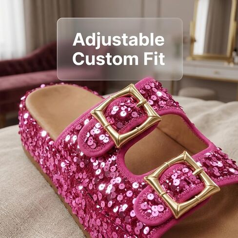 Women's Plus Size Sequined Platform Slide Sandals, Double Buckle Strap Sparkly Glitter Slippers, Comfort Cushion Shoes for Summer Outdoor in Kuwait