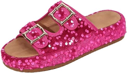 Women's Plus Size Sequined Platform Slide Sandals, Double Buckle Strap Sparkly Glitter Slippers, Comfort Cushion Shoes for Summer Outdoor in Kuwait