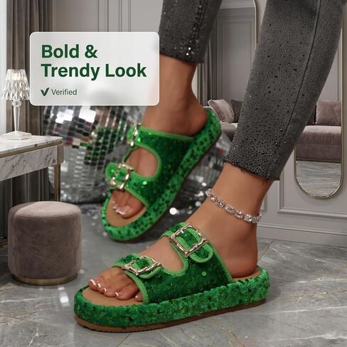 Women's Plus Size Sequined Platform Slide Sandals, Double Buckle Strap Sparkly Glitter Slippers, Comfort Cushion Shoes for Summer Outdoor in Kuwait