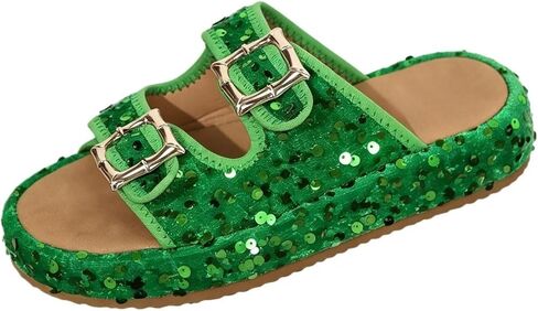 Women's Plus Size Sequined Platform Slide Sandals, Double Buckle Strap Sparkly Glitter Slippers, Comfort Cushion Shoes for Summer Outdoor in Kuwait