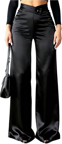 OYOANGLE Women's Satin Straight Leg Pants Elegant Crossover High Waisted Business Casual Pants in Kuwait