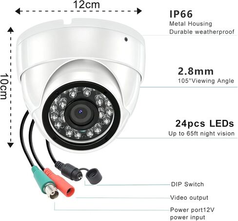 1080p 2MP CCTV Security Camera 4-in-1 (TVI/AHD/CVI/960H Analog) Dome Surveillance Cameras, 24pcs LEDs, 2.8mm Fixed Lens, 65ft IR Night Vision, 105° Wide Angle, IP66 Full Metal Housing in Kuwait