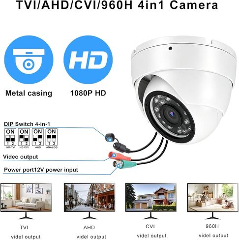1080p 2MP CCTV Security Camera 4-in-1 (TVI/AHD/CVI/960H Analog) Dome Surveillance Cameras, 24pcs LEDs, 2.8mm Fixed Lens, 65ft IR Night Vision, 105° Wide Angle, IP66 Full Metal Housing in Kuwait
