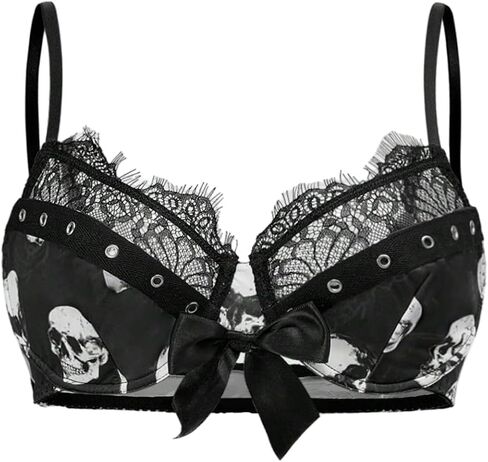 MakeMeChic Women's Y2K Contrast Lace Skull Print Bra Spaghetti Strap Underwire Bras Underwear in Kuwait