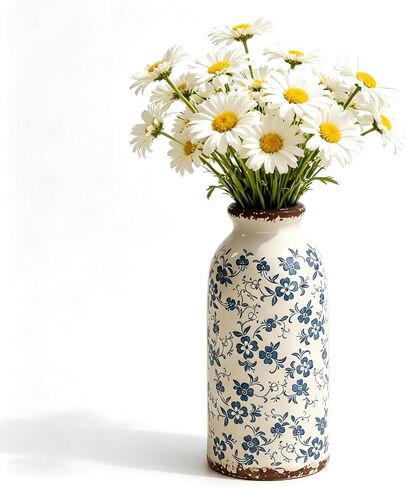 Blue Vases Crackle-Glaze & Distressed Rim Blue Botanical Pattern Ceramic Vases for Pampas Grass, Table, Living Room, Shelf, Centerpieces, 8 inch (XL) in Kuwait