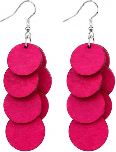 Handmade Bohemian Wooden Round Earrings for Women, Multi-Layer Disc Dangle Drop Earrings, Vibrant Textured Jewelry or Summer Beach, Party, and Daily Wear in Saudi Arabia