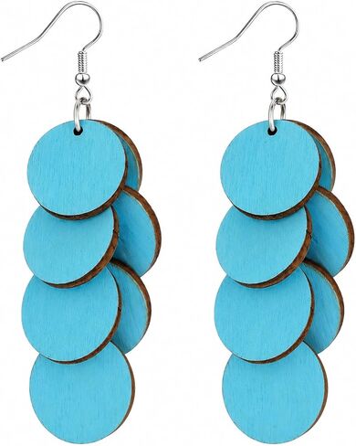 Handmade Bohemian Wooden Round Earrings for Women, Multi-Layer Disc Dangle Drop Earrings, Vibrant Textured Jewelry or Summer Beach, Party, and Daily Wear in Saudi Arabia