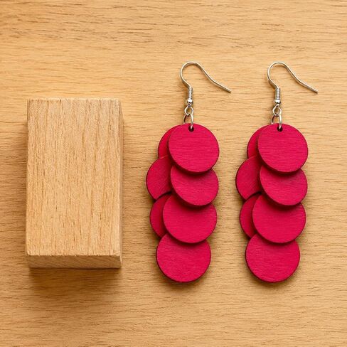 Handmade Bohemian Wooden Round Earrings for Women, Multi-Layer Disc Dangle Drop Earrings, Vibrant Textured Jewelry or Summer Beach, Party, and Daily Wear in Saudi Arabia