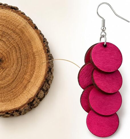 Handmade Bohemian Wooden Round Earrings for Women, Multi-Layer Disc Dangle Drop Earrings, Vibrant Textured Jewelry or Summer Beach, Party, and Daily Wear in Saudi Arabia