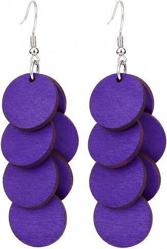 Handmade Bohemian Wooden Round Earrings for Women, Multi-Layer Disc Dangle Drop Earrings, Vibrant Textured Jewelry or Summer Beach, Party, and Daily Wear in Saudi Arabia