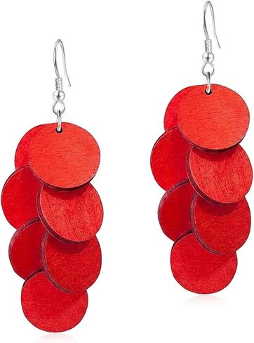 Handmade Bohemian Wooden Round Earrings for Women, Multi-Layer Disc Dangle Drop Earrings, Vibrant Textured Jewelry or Summer Beach, Party, and Daily Wear in Saudi Arabia