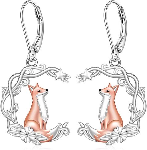 Fox Earrings for Women Dangle S925 Sterling Silver Rose Gold Plated Fox Earrings Moon Star Cute Animal Valentine's day Gifts in Saudi Arabia