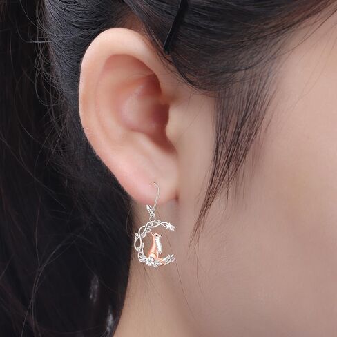 Fox Earrings for Women Dangle S925 Sterling Silver Rose Gold Plated Fox Earrings Moon Star Cute Animal Valentine's day Gifts in Saudi Arabia