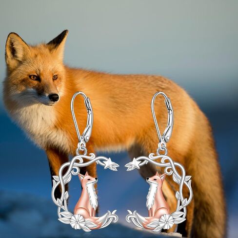 Fox Earrings for Women Dangle S925 Sterling Silver Rose Gold Plated Fox Earrings Moon Star Cute Animal Valentine's day Gifts in Saudi Arabia