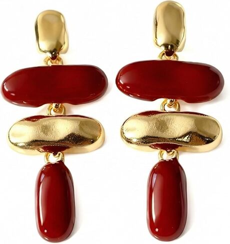 Chunky Burgundy Earrings For Women, Modern Geometric Maroon Dangle Jewelry, Bold Gold Statement Accessories, Trendy Wine Drop Design, Fall Fashion Piece, Unique Holiday Gifts in Saudi Arabia