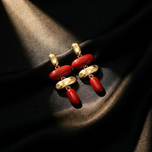 Chunky Burgundy Earrings For Women, Modern Geometric Maroon Dangle Jewelry, Bold Gold Statement Accessories, Trendy Wine Drop Design, Fall Fashion Piece, Unique Holiday Gifts in Saudi Arabia