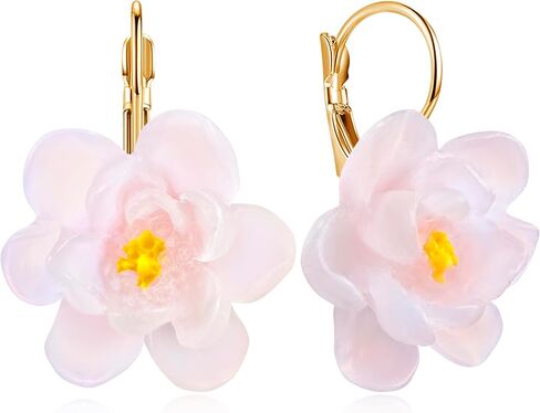 Bohemian Resin Lotus Peach Blossom Camellia Flowers Dangle Drop Earrings Unique Chic Gold Floral Leverback Earrings For Women in Saudi Arabia