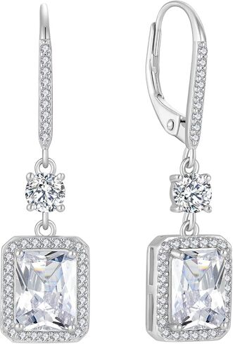 FJ Princess Cut Dangle Drop Earrings 925 Sterling Silver Square Halo Leverback Earrings Birthstone Jewelry for Women in Saudi Arabia