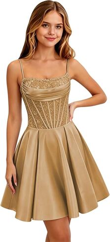 Short Homecoming Dresses for Girls Spaghetti Straps Satin Girls Prom Dress Mini Sequin Girls Formal Party Dresses in Saudi Arabia