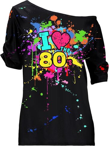 Coume 80s Costume Outfit for Woman Love off the Shoulder T Shirts Novelty Neon Top Clothes for Costume Mid Sleeve Length(3XL) in Kuwait