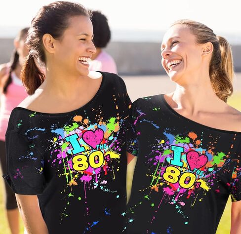 Coume 80s Costume Outfit for Woman Love off the Shoulder T Shirts Novelty Neon Top Clothes for Costume Mid Sleeve Length(3XL) in Kuwait