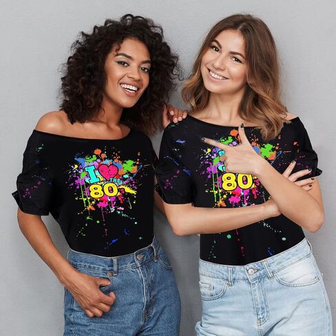 Coume 80s Costume Outfit for Woman Love off the Shoulder T Shirts Novelty Neon Top Clothes for Costume Mid Sleeve Length(3XL) in Kuwait