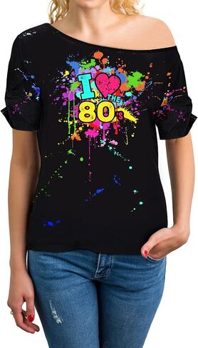 Coume 80s Costume Outfit for Woman Love off the Shoulder T Shirts Novelty Neon Top Clothes for Costume Mid Sleeve Length(3XL) in Kuwait