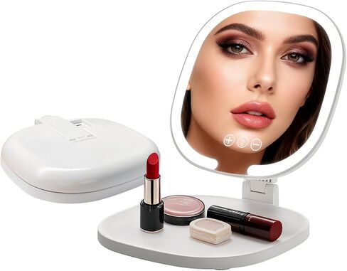 6.7x8inch Foldable Travel Mirror, 4K Magnifying Mirror with 3 Color Lights, Brightness Adjustable, Dimmable Touch,Foldable Handheld Makeup Mirrors Portable for Travel and Desktop Use in Saudi Arabia