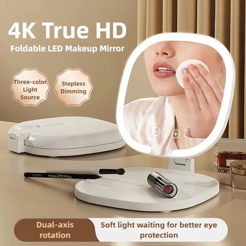 6.7x8inch Foldable Travel Mirror, 4K Magnifying Mirror with 3 Color Lights, Brightness Adjustable, Dimmable Touch,Foldable Handheld Makeup Mirrors Portable for Travel and Desktop Use in Saudi Arabia