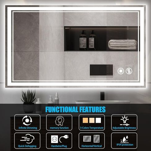 48 x 28'' LED Mirror for Bathroom Fogless Bathroom Mirror with LED Lights Stepless Dimmable 3 Colors Front and Backlit Lights Lighted Bathroom Mirror Wall Mounted Horizontal/Vertical in Saudi Arabia