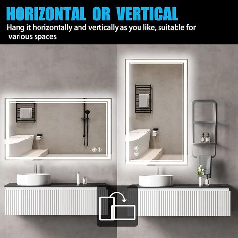 48 x 28'' LED Mirror for Bathroom Fogless Bathroom Mirror with LED Lights Stepless Dimmable 3 Colors Front and Backlit Lights Lighted Bathroom Mirror Wall Mounted Horizontal/Vertical in Saudi Arabia