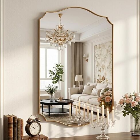 Gold Vanity Wall Mirror 39"x29", Scalloped Edge Bathroom Mirror | Rust-Proof Metal Frame, Hangs Vertically/Horizontally, Decorative Bathroom Mirror, For Vanity, Bedroom & Entryway in Saudi Arabia