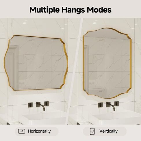 Gold Vanity Wall Mirror 39"x29", Scalloped Edge Bathroom Mirror | Rust-Proof Metal Frame, Hangs Vertically/Horizontally, Decorative Bathroom Mirror, For Vanity, Bedroom & Entryway in Saudi Arabia