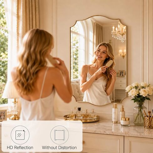 Gold Vanity Wall Mirror 39"x29", Scalloped Edge Bathroom Mirror | Rust-Proof Metal Frame, Hangs Vertically/Horizontally, Decorative Bathroom Mirror, For Vanity, Bedroom & Entryway in Saudi Arabia
