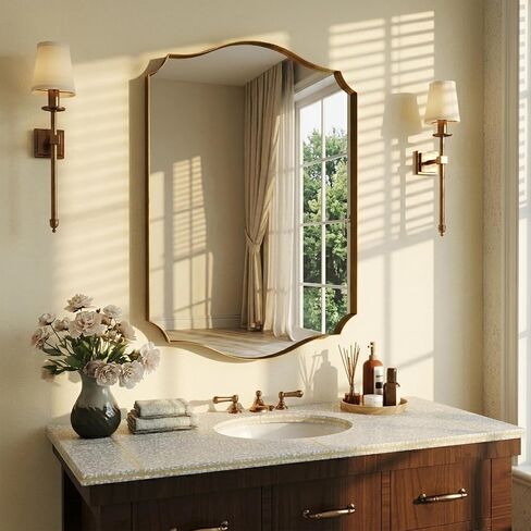 Gold Vanity Wall Mirror 39"x29", Scalloped Edge Bathroom Mirror | Rust-Proof Metal Frame, Hangs Vertically/Horizontally, Decorative Bathroom Mirror, For Vanity, Bedroom & Entryway in Saudi Arabia