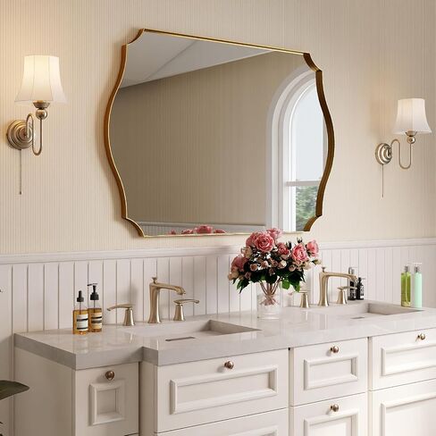 Gold Vanity Wall Mirror 39"x29", Scalloped Edge Bathroom Mirror | Rust-Proof Metal Frame, Hangs Vertically/Horizontally, Decorative Bathroom Mirror, For Vanity, Bedroom & Entryway in Saudi Arabia