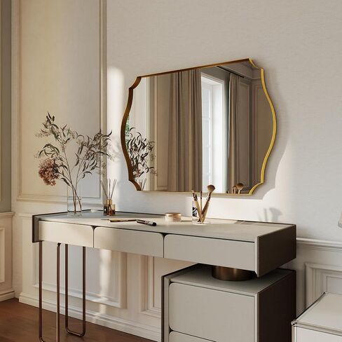 Gold Vanity Wall Mirror 39"x29", Scalloped Edge Bathroom Mirror | Rust-Proof Metal Frame, Hangs Vertically/Horizontally, Decorative Bathroom Mirror, For Vanity, Bedroom & Entryway in Saudi Arabia