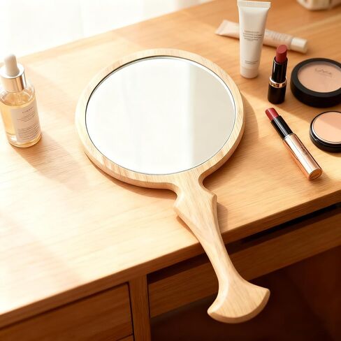 Honeystore Handheld Wood Mirror, Fishtail Handle Decorative Makeup Mirror, Single-Sided Solid Wood Hand Mirror for Vanity, Travel & Professional Salon, Large Clear View (Natural Wood) in Kuwait