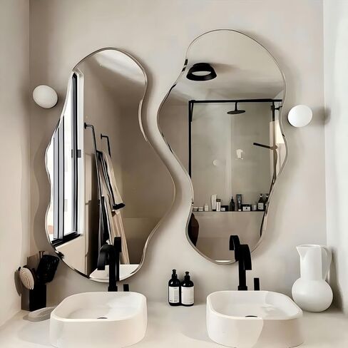 36 x 24 Beveled Edge Frameless Wall Mirror, Modern Asymmetrical Cloud Shape with a Wavy Irregular Design for Bathroom, Entryway, Bedroom, Living Room in Saudi Arabia
