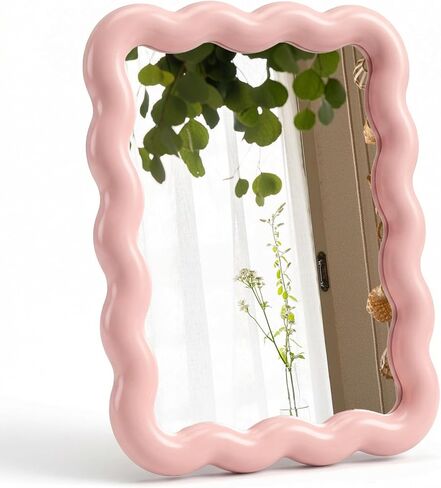 Pink Mirror, 6.9 * 5.3 Inch Small Mirror for Desk, Wave Shaped Personal Mirrors, Portable Folding Mirrors for Standing Hanging for Women, Offices and Bedrooms in Saudi Arabia