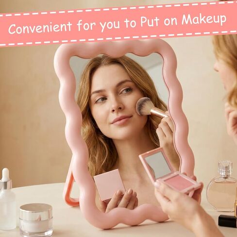 Pink Mirror, 6.9 * 5.3 Inch Small Mirror for Desk, Wave Shaped Personal Mirrors, Portable Folding Mirrors for Standing Hanging for Women, Offices and Bedrooms in Saudi Arabia